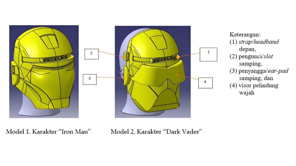Cetakan 3D topeng Iron Man dan Dark Vader karya tim pengabdian Teknik Mesin UMY untuk edukasi vacuum forming di Kuala Lumpur.